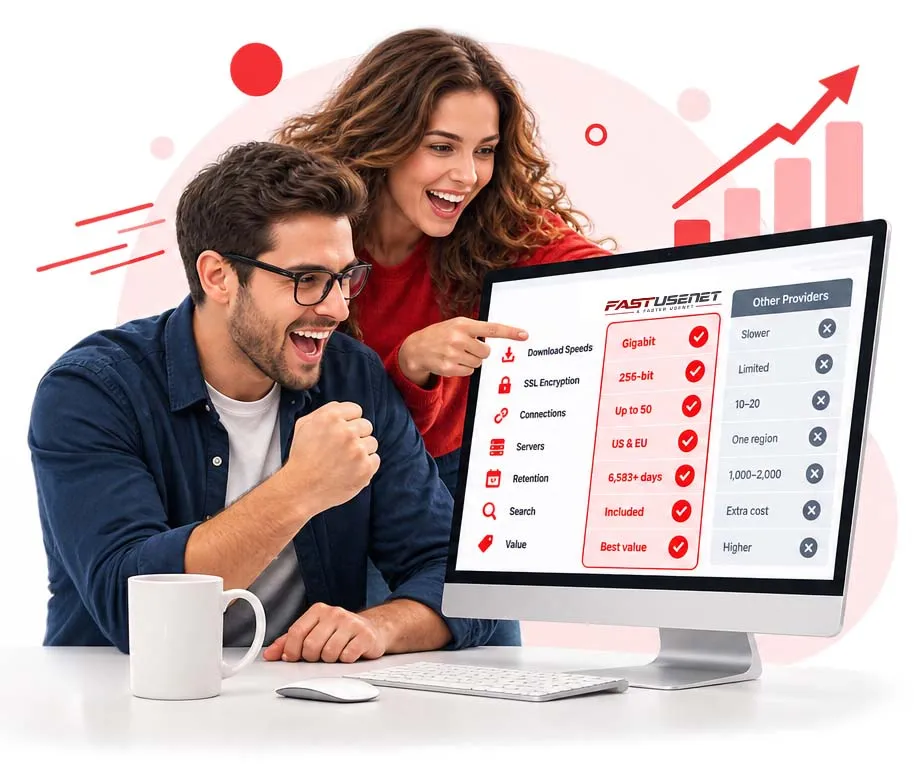 Team zeigt auf einen Monitor mit einem Usenet-Anbieter-Vergleich